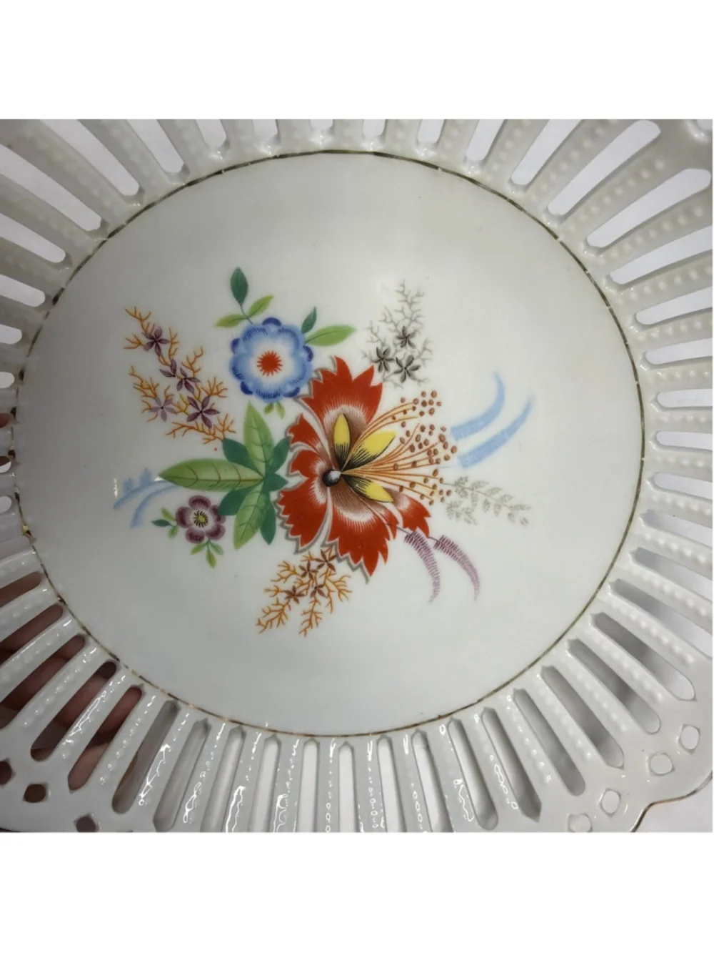 Vintage Germany Schumann Bavaria Reticulated Round Candy Dish Pierced Gold Rim
